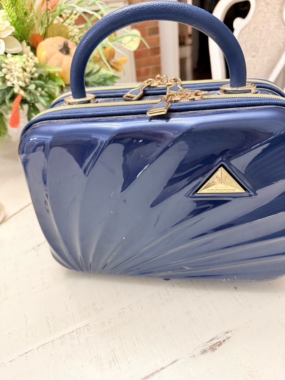 Navy Hard-Shell Top-Handle Cosmetic Case with Gold Accents
